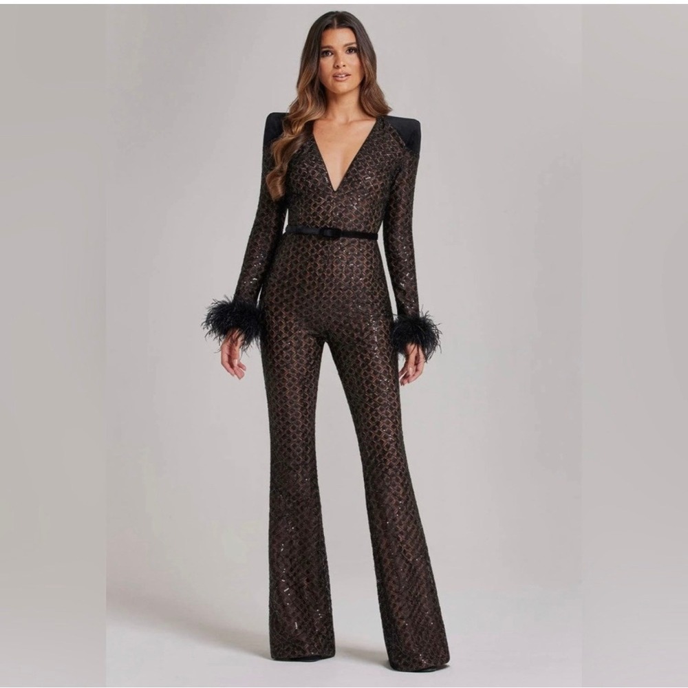 Nadine Merabi Black Rachel Sequin Size Large Lace Feather Cuff Flare Jumpsuit